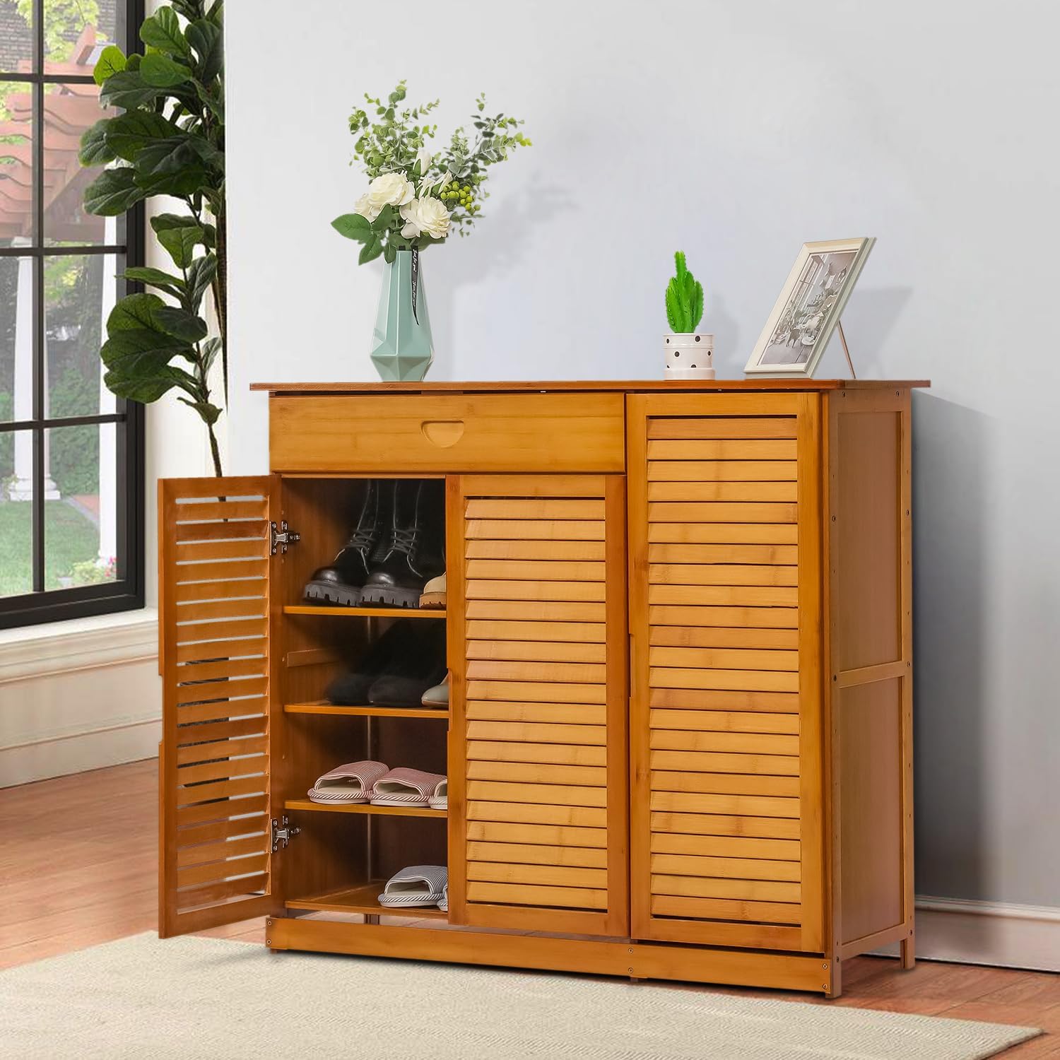 Magshion 4 Tier Bamboo Shoe Storage Cabinet with Drawer & Shutter Door - Entryway Freestanding Shoe Cabinet Organizer Storage Rack Organizer Rack for Narrow Closet, Hallway, Living Room (Brown)