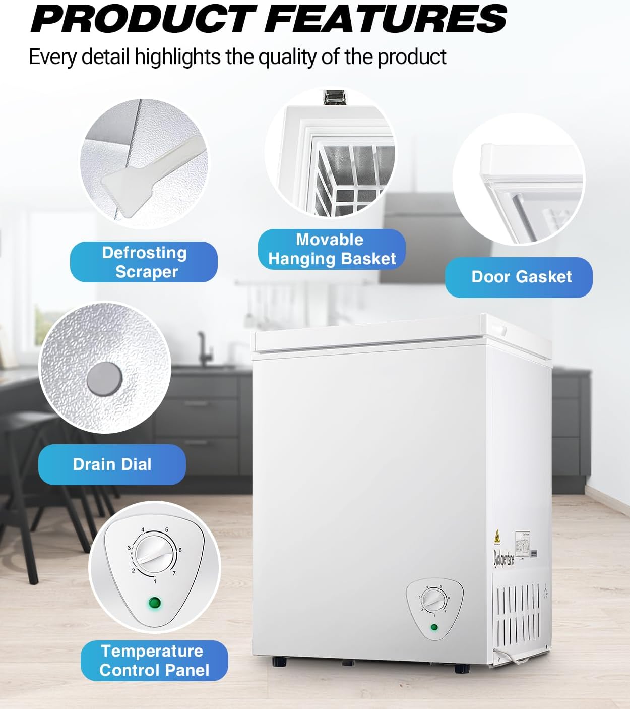 Small Chest Freezer, 2.2 Cubic Feet Mini Deep Freezer Chest with Basket Adjustable 7 Temp Control, Top Open Door Compact Freezer With Removable Basket For Dorm, Apartment, White