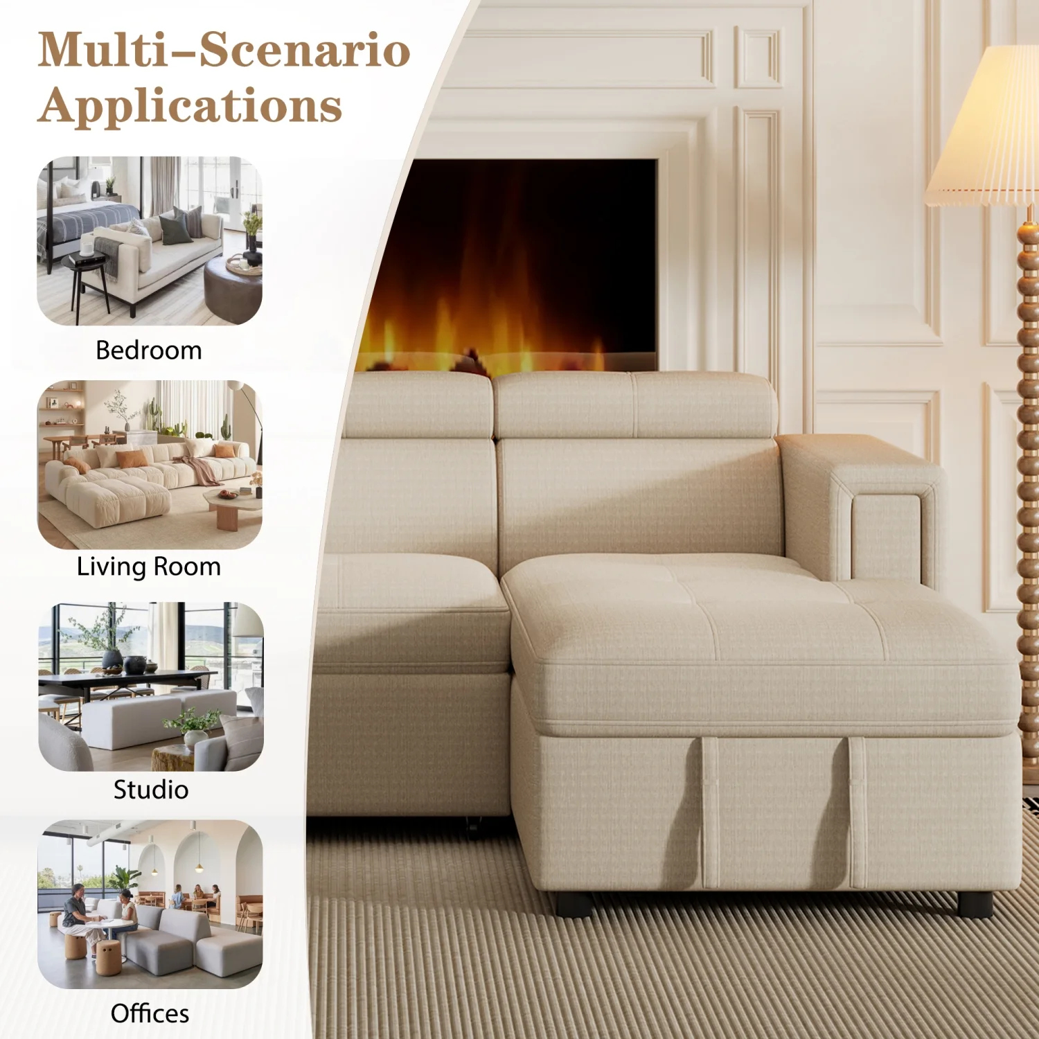 Churanty Pull Out Couch Bed with Storage and Cup Holder Sectional Sleeper Sofa with Wireless Charging L Shaped Couch with Adjustable Headrest Convertible Sofa Bed for Living Room,Beige - Curated Treasures Market