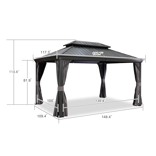 PURPLE LEAF 10' X 14' Permanent Hardtop Gazebo Aluminum Gazebo with Galvanized Steel Double Roof for Patio Lawn and Garden, Curtains and Netting Included, Grey