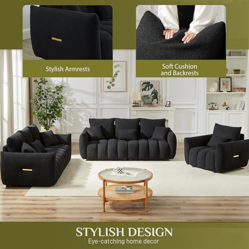 2 Piece Teddy Cloud Sofa Couch Set, Modern Deep Seat 3 Seater Boucle Sofa & Single Sofa Chair, Cozy Upholstered Sherpa Living Room Furniture Set for Apartment Office, Black
