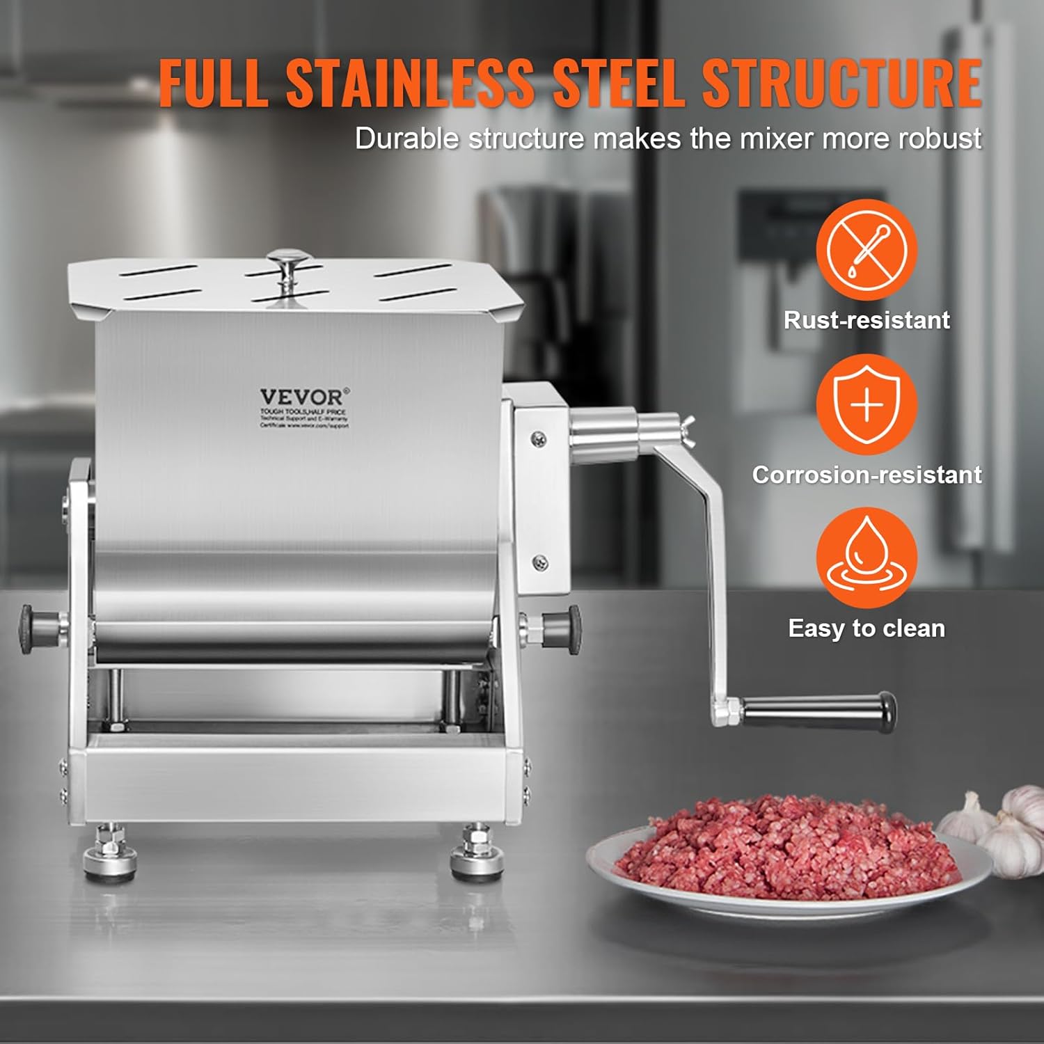 VEVOR Manual Meat Mixer, 30 Pound Capacity Tilt Tank Meat Mixer, Stainless Steel Meat Processing Equipment, Sausage Mixer Machine with Lid and Handle, Ground Beef Hand Mixer, Silver