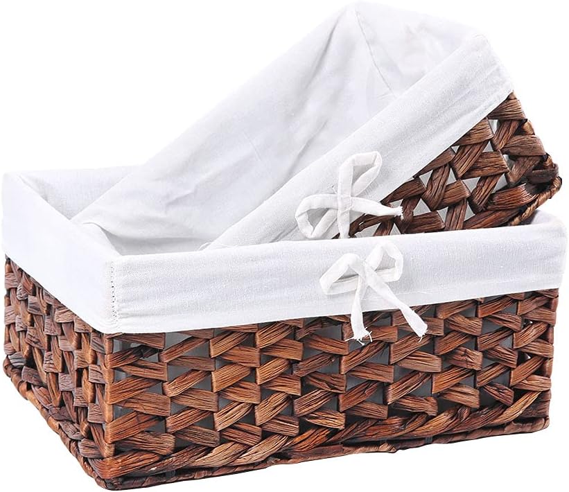 HDKJ Woven Storage Baskets with Liner, Water Hyacinth Rectangular Decorative Bins for Parlor Bedroom Bathroom Laundryroom Shelves Organizing. (QZXW-Set of 2) Pack of 2