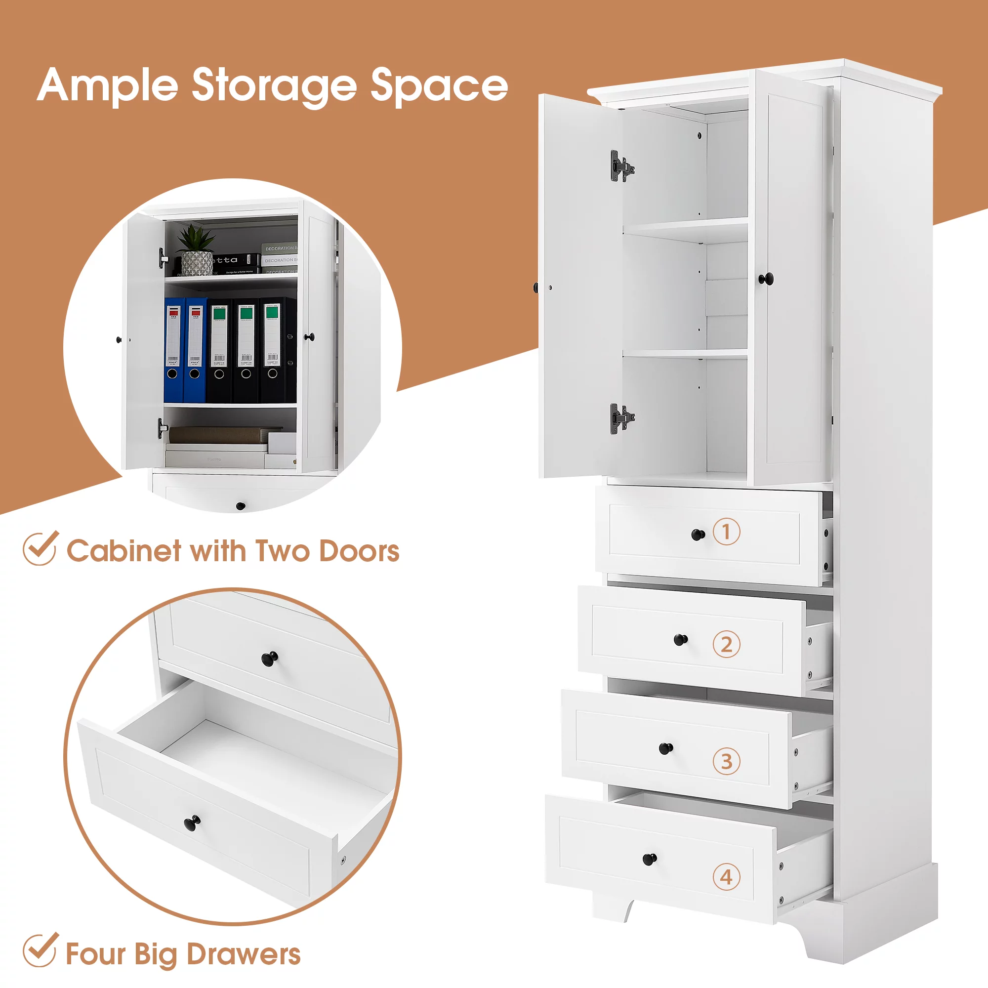 Hombay Tall Bathroom Storage Cabinet with 2 Doors and 4 Drawers, Wood Freestanding Cupboard Pantry with Adjustable Shelves for Living Room Bedroom Kitchen