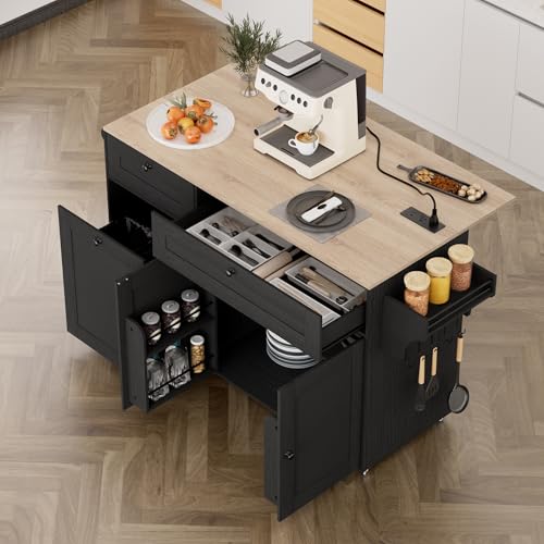 Kitchen Island on Wheels with Storage and Power Outlet, Kitchen Island with Trash Can Storage Cabinet and Drop Leaf, with Spice Rack & Towel Rack, Rolling Island Cart for Kitchens (Black)