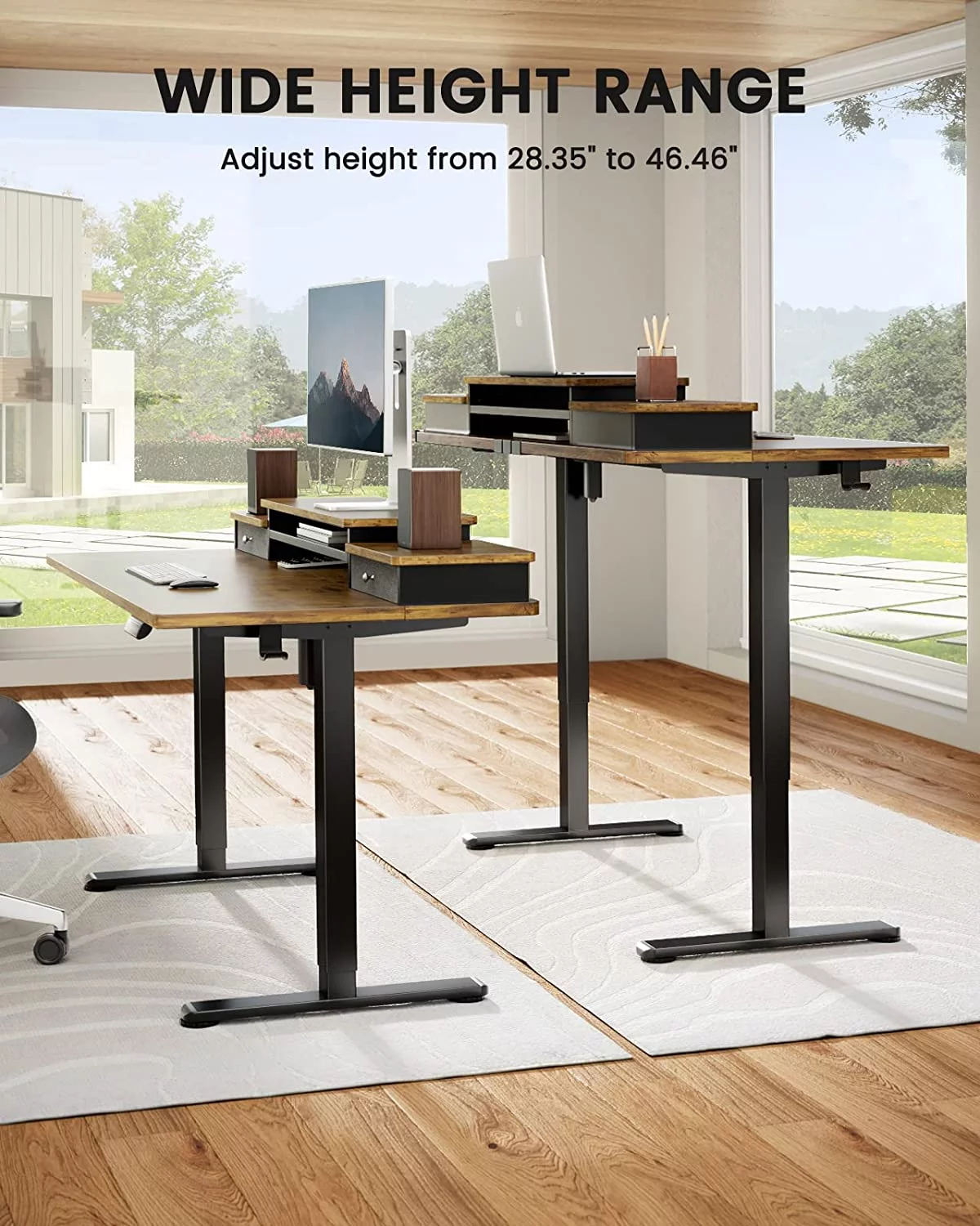 48x24 Inches Adjustable Height Electric Standing Desk with Double Drawers and Storage Shelf Stand Up Desk Computer Desk for Home Office