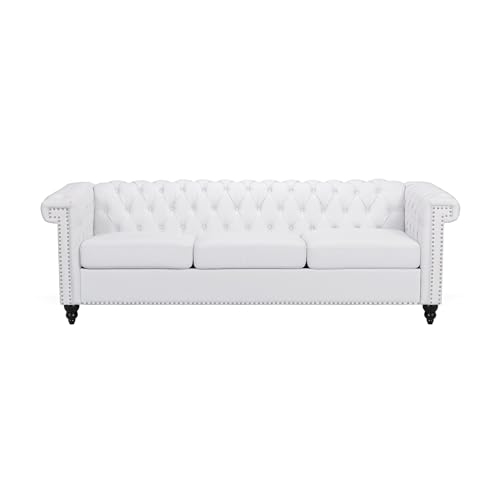 Chesterfield Sofa White PU Leather - 3-Seater Sofas for Living Room Button Tufted Tufted Sofa Couch Furniture for Living Room Bedroom Office Nailhead Upholstered Couches Minimalis Light Luxury