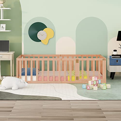 Twin Size Floor Bed Frame Compatible with Toddler Montessori Floor Beds with Fence Railings Compatible with, Twin Size Playhouse Bed Compatible with Boys Girls, Natural,bed frame