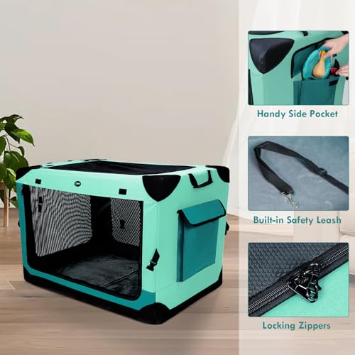 Ownpets Collapsible Dog Crate, 42 inch Portable Travel Dog Crate for Large Dogs, 4-Door Foldable Pet Kennel with Durable Mesh Windows & Double-Sided Soft Mat