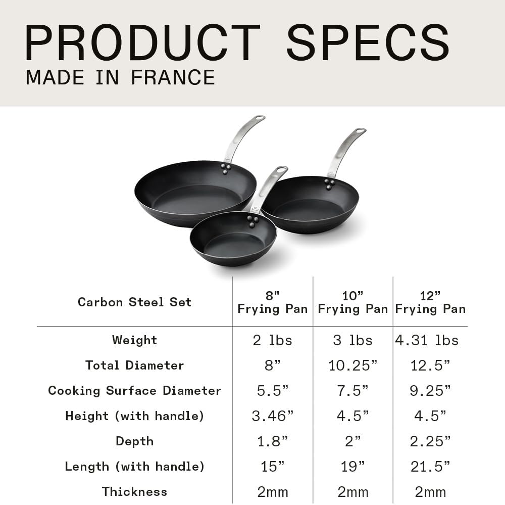 Made In Cookware - 3-Piece (Includes 8",10",12") Blue Carbon Steel Frying Pan Set - (Like Cast Iron, but Better) - Professional Cookware - Crafted In France - Induction Compatible