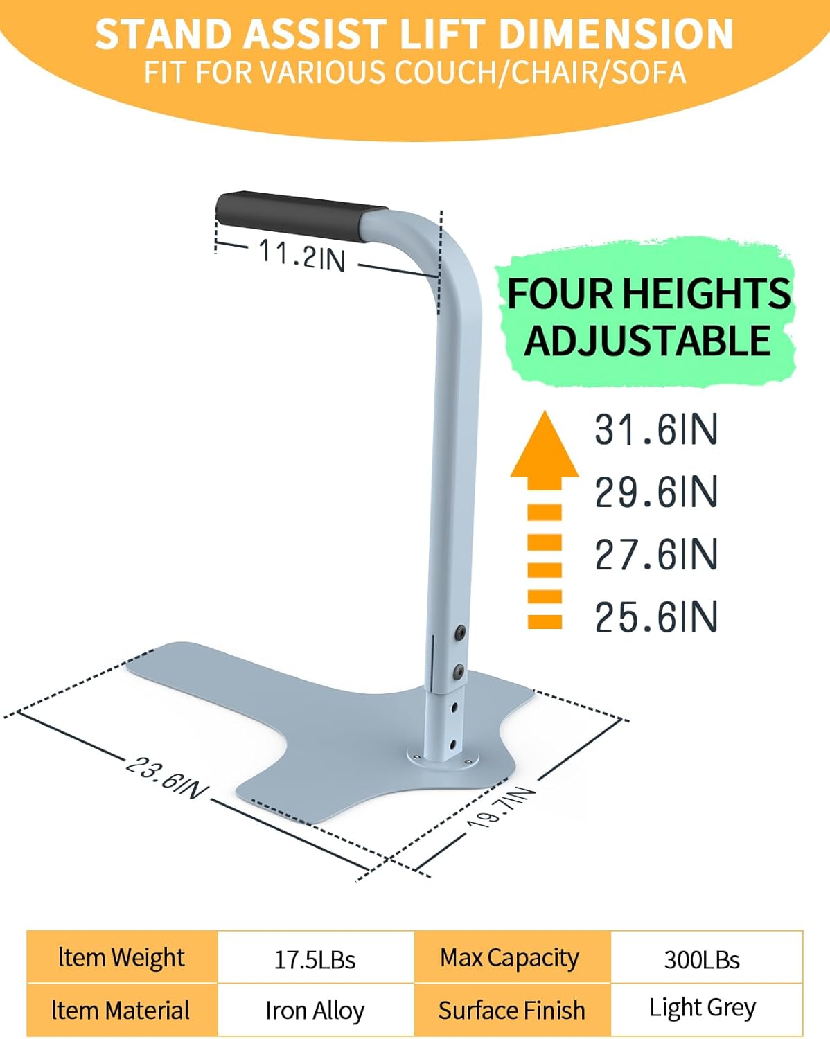 Couch Stand Assist, Chair Couch Lift Assist for Elderly sit to Stand, 25.6"/27.6"/29.6"/31.6" Four Heights Adjustable(Light Grey, Max 300LBs Capacity)
