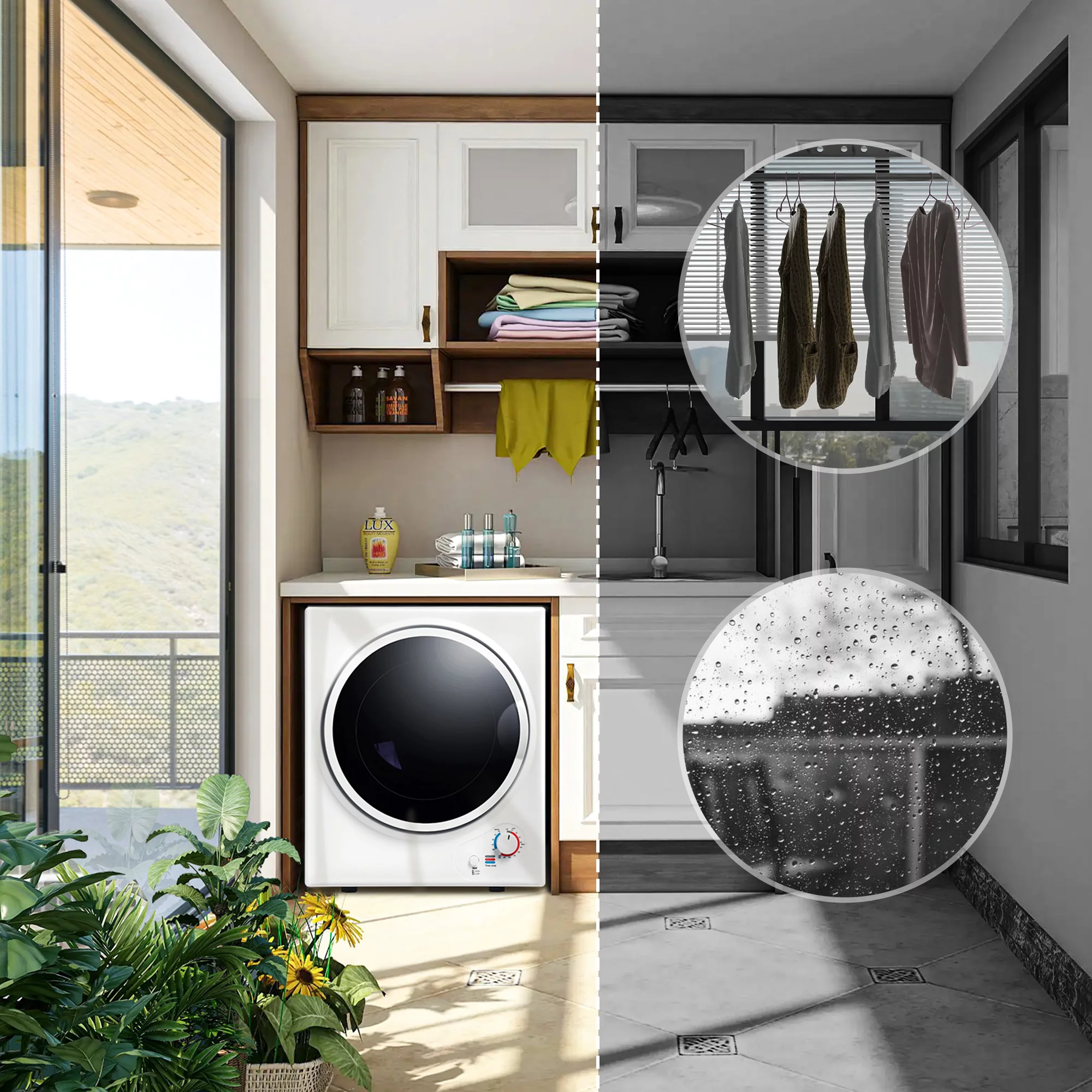 iRerts Compact Laundry Dryer, 850W Portable Clothes Dryer with 5 Drying Modes, Stainless Steel Tub and Wall Mount Kit, Front Load Electric Clothes Dryer Machine for Apartments, Dormitory, RVs, White