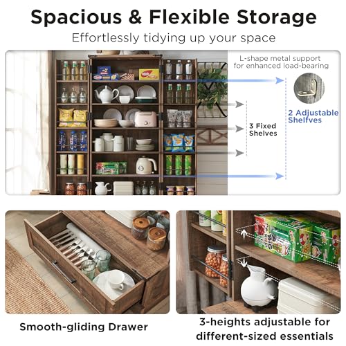 72" Farmhouse Kitchen Pantry Cabinet with Drawer, Tall Storage Cabinet with 2 Barn Doors and Shelves, Versatile Large Rustic Cupboard for Dining Room, Bathroom, Living Room, Laudry, White