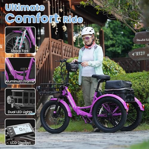 MOONCOOL Electric Tricycle for Adults, 500W/750W 48V 20" Folding Electric Trike Peak Power 1100W, 3 Wheels Electric Bicycle, Aluminum Frame Electric Tricycle with Large Basket and Removable Battery