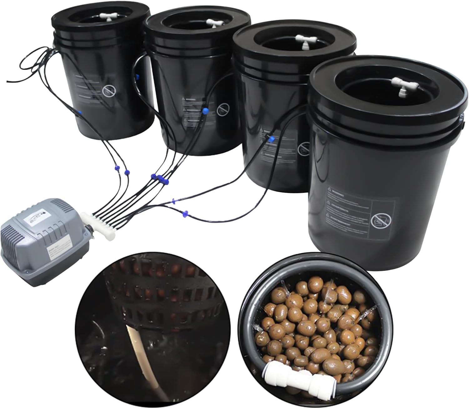 DWC Hydroponics Growing System, 5 Gallon Deep Water Culture, Recirculating Drip Garden System Kit with Multi-Purpose Air Hose, Air Pump, and Air Stone (4 Bucket + Reservoir Kit)