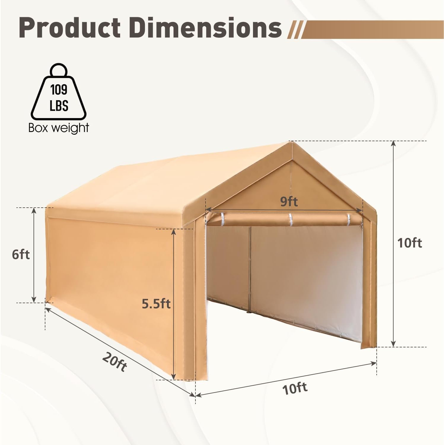 10x20ft Heavy Duty Carport Car Canopy, Portable Garage with Removable Sidewalls & Doors, UV Protected & Waterproof All-Season Tarp for SUV, Car, Truck, Boat, Beige