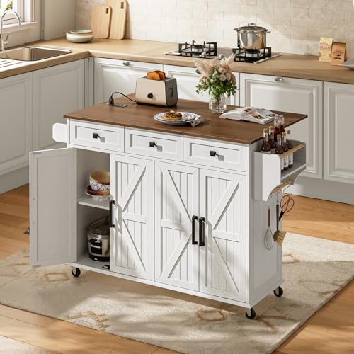 Kitchen Island with Drop Leaf, Kitchen Cart with Charging Station, Kitchen Table with Storage, Rolling Island Table with 3 Drawers, Towel Rack and Spice Rack, White and Walnut