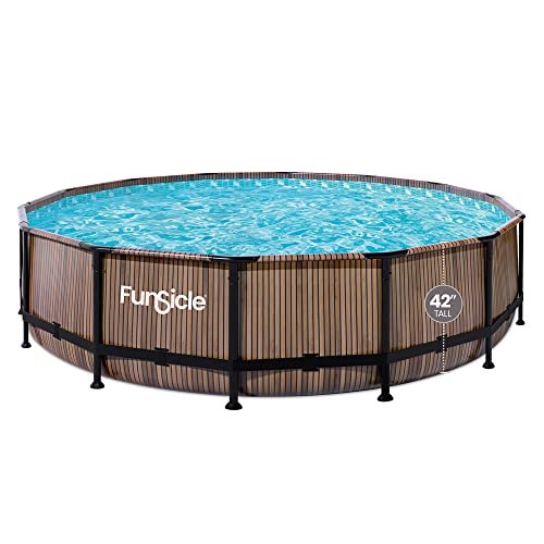 Funsicle 14' x 42" Oasis Designer Round Frame Above Ground Outdoor Swimming Pool Set with SkimmerPlus Filter Pump, Ladder, and Pool Cover, Gray