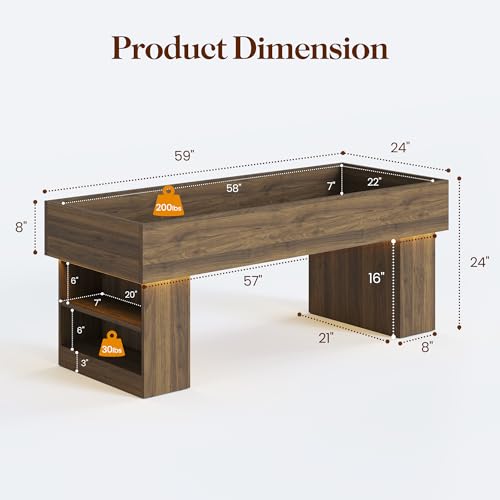 Modern Wooden Pet Bed with 2 Cushions and Led Light, Elevated Dog Bed for Small and Medium, Pet Furniture with Storage, Walnut