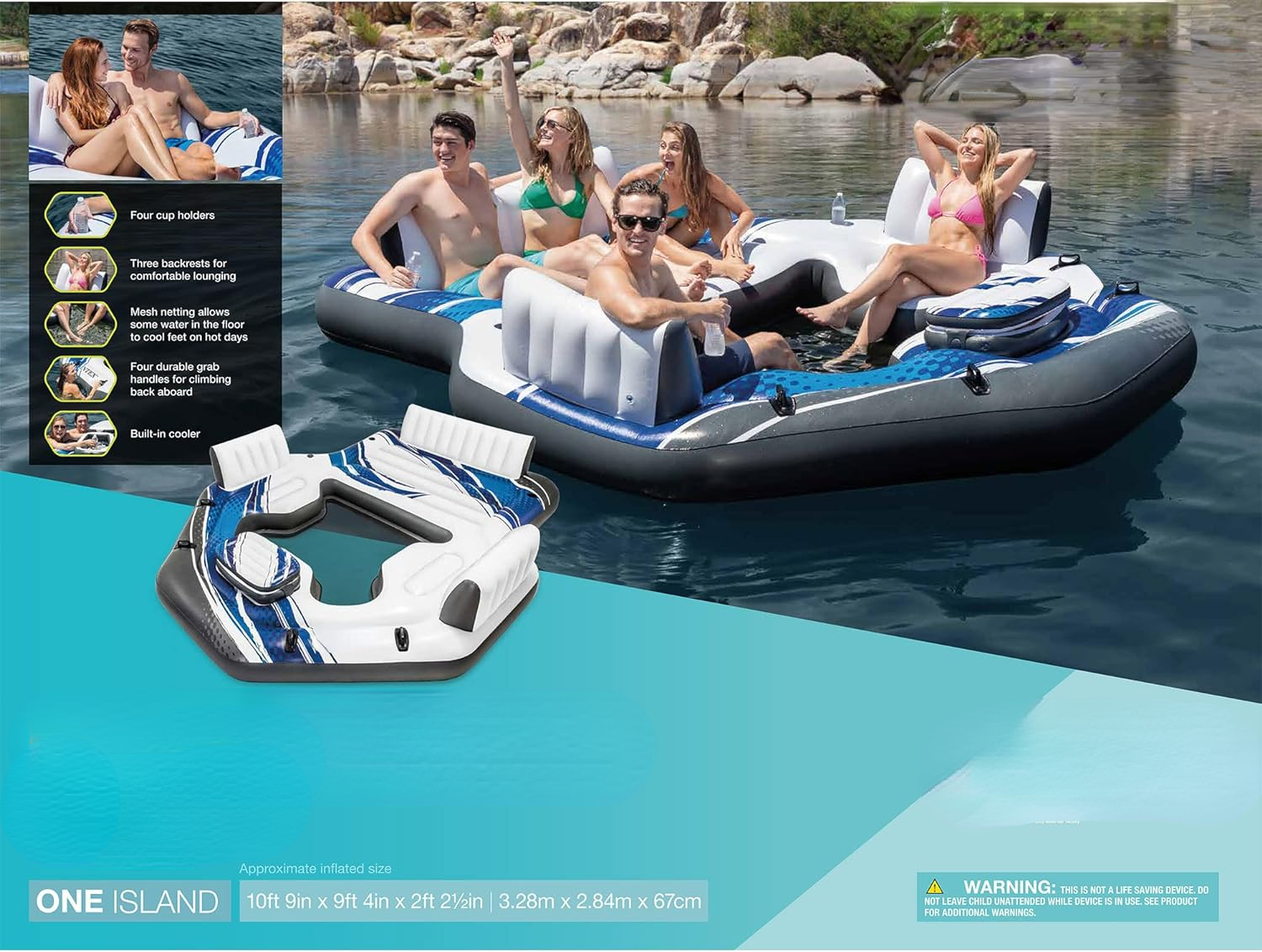 Blue Tropic Inflatable 5 Person Raft or Swimming Pool Island Water Floating Lounger Raft with Backrests, Built in Cooler, and 4 Cupholders