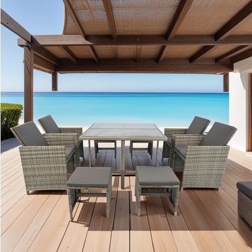 DHHU 5 Piece Outdoor Patio Furniture Set, PE Rattan Wicker Furniture, Outdoor Sectional Furniture Chair Set with Anti-Slip Cushions, Couch Coffee Table Waterproof Covers and Tea Table
