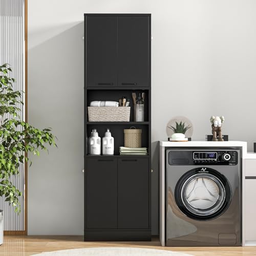 Tangkula 75" Tall Bathroom Storage Cabinet, Bathroom Floor Cabinet with 4 Doors & 2 Open Shelves, 4 Anti-toppling Devices, Freestanding Large Cabinet for Bathroom Living Room Kitchen (White, 75" H)