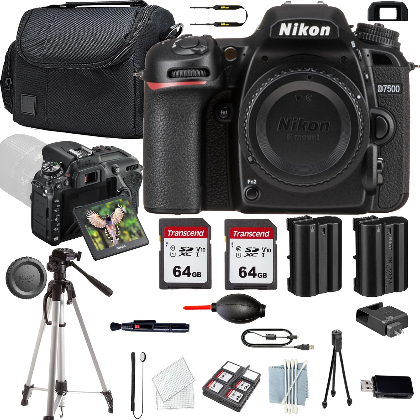 Nikon D7500 DSLR Camera(1582)Body+Case+128 GIG Memory+Extra Battery+Tripod(13PC)Bundle - Curated Treasures Market