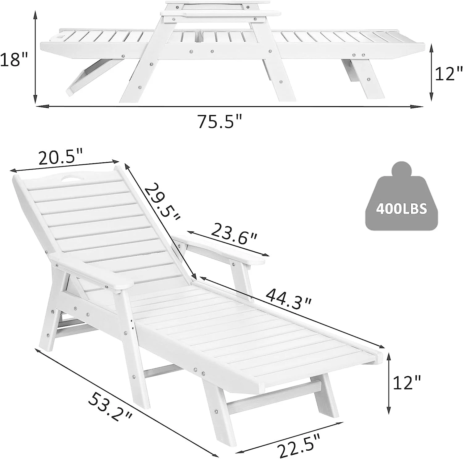 NALONE Chaise Lounge Outdoor with 5-Position Adjustable Backrest, HDPE Lounge Chair for Outside Supports Up to 400 LBS, Pool Lounge Chairs for Patio Poolside Deck Beach Backyard(White)