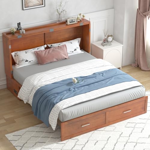 PUREMIND Queen Murphy Bed Cabinet with 2 Storage Drawers, Hideaway Murphy Chest Bed with Mattress, Cabinet Beds Wallbed with USB Charging Station for Bedroom, Guest Room