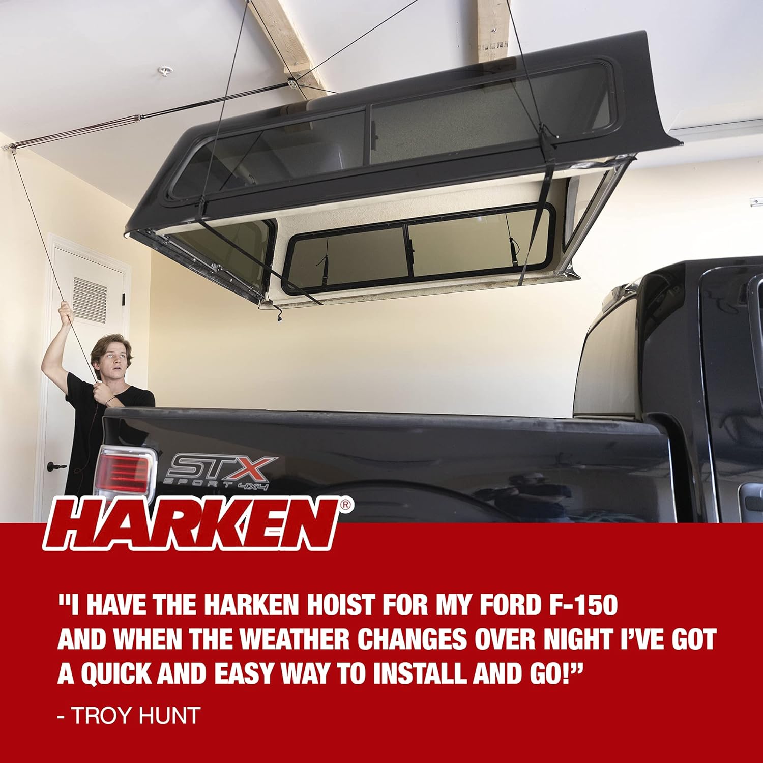 HARKEN - Truck Cap Overhead Garage Storage Hoist, Self-Leveling, Safe Anti-Drop System, Easy One-Person Operation, Smart Garage Organization