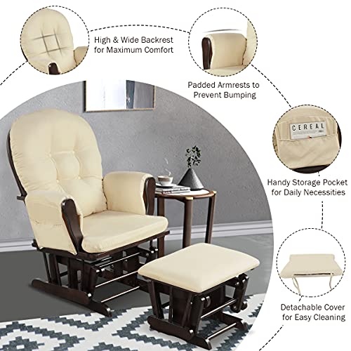 Costzon Nursery Glider with Ottoman, Upholstered Comfort Glider Rocker with Padded Cushion, Storage Pocket, Solid Wood Base, Rocking Chair Nursery for Breastfeeding, Maternity, Napping (Brown)