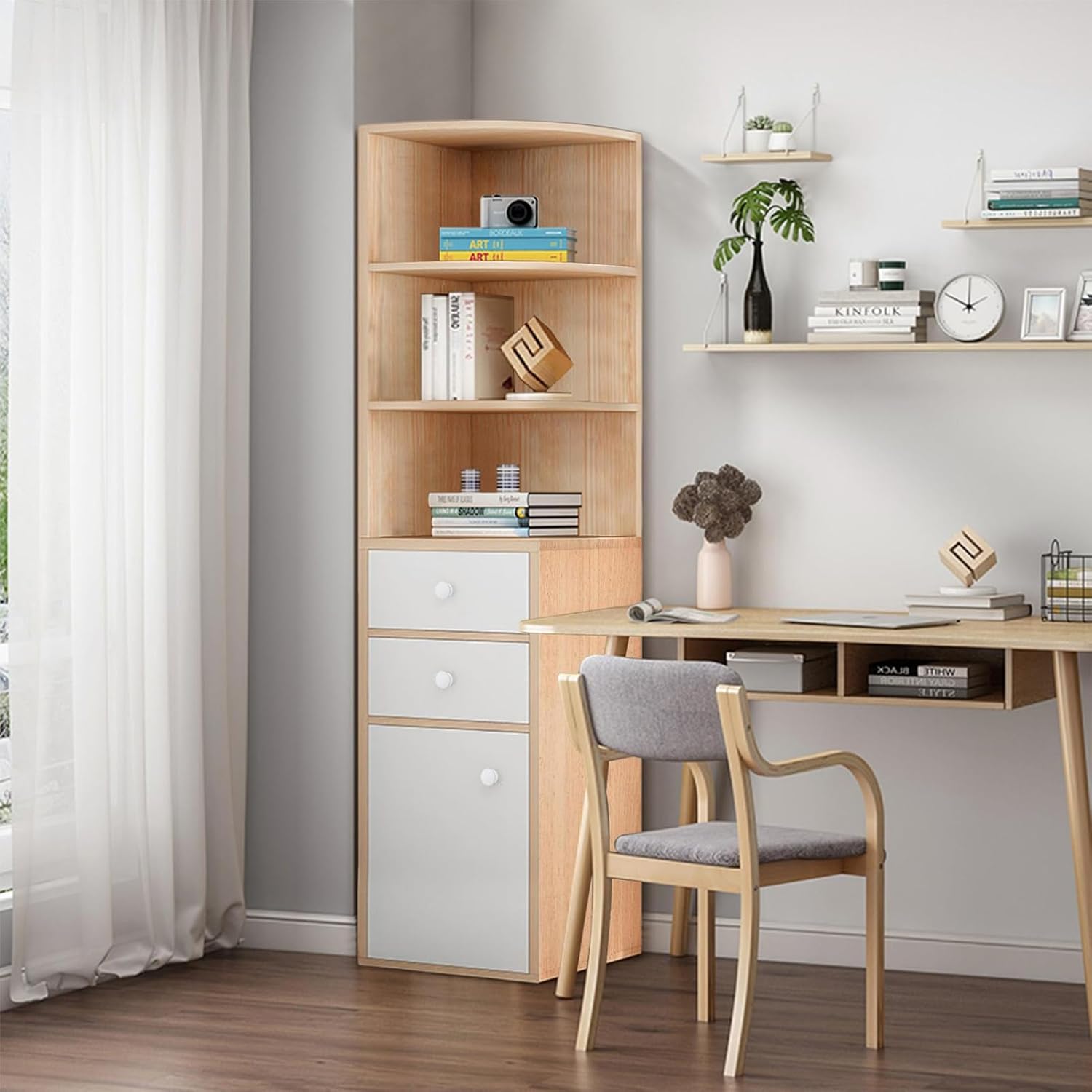 Tall Corner Cabinet, Sofa Side Floor Storage Cabinets with Barn Door Design Adjustable Shelves, Freestanding Triangle Organizer Home Space Saver Hutch for Kitchen Living Room White