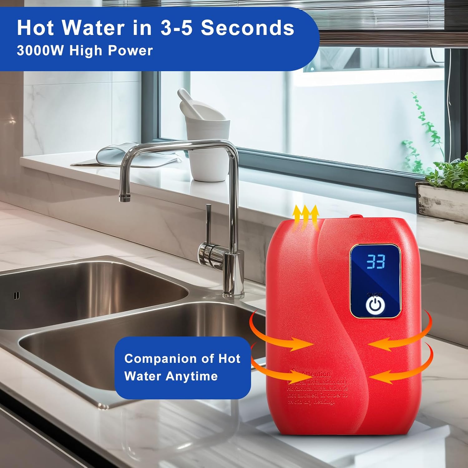 3000W Tankless Water Heater Electric, Mini Instant Water Heater Under Sink,Outdoor Tankless Electric Hot Water Heater with Led Display,Temperature Control for Home, RVs