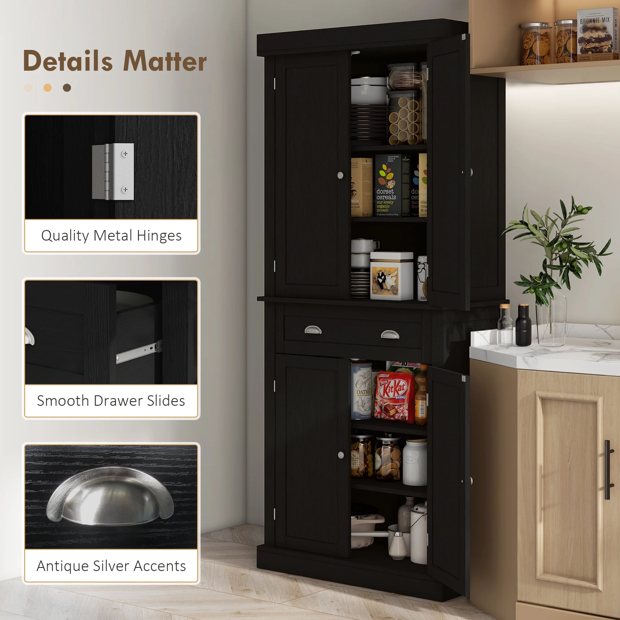 HOMCOM 72" Kitchen Pantry Cabinet with 2 Cupboards, Drawer, Black Wood Grain