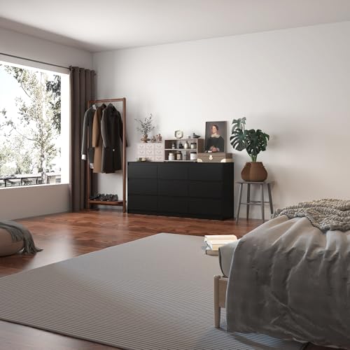 Hitow 9 Drawer Dresser for Bedroom with Deep Drawers, Large Floor Wood Dressers & Chest of Drawers Handle Free, Modern Black Long Dressers for Closet Living Room, Euro Slide (63"W x 15.7"D x 31.5"H)