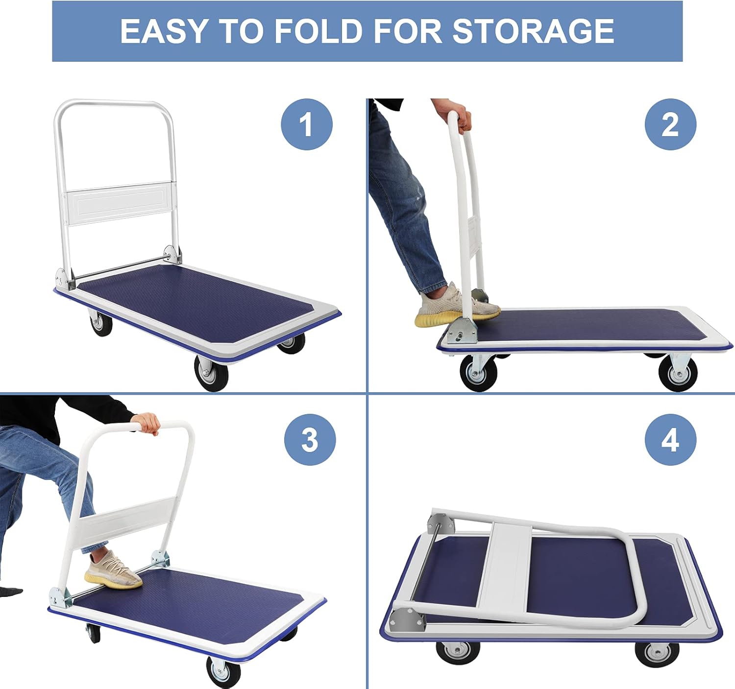 GPOAS Push Cart Dolly Folding Platform Truck with 360 Degree Swivel Wheels and Handle,Foldable for Easy Storage, Heavy Duty Moving Cart with 24x36 Inch Flatbed Surface,Blue