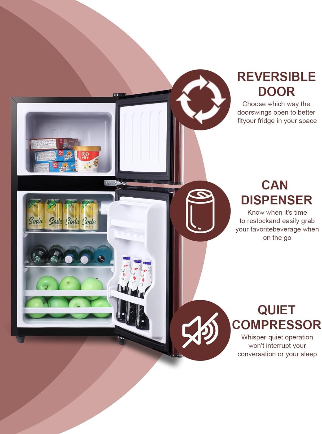 KRIB BLING Mini Fridge With Freezer,Compact Refrigerator With 2 Doors,7- Level Adjustable Thermostat, Removable Glass Shelves For Bedroom, Office, Kitchen, Apartment, Dorm,3.5 Cu. Ft Wood