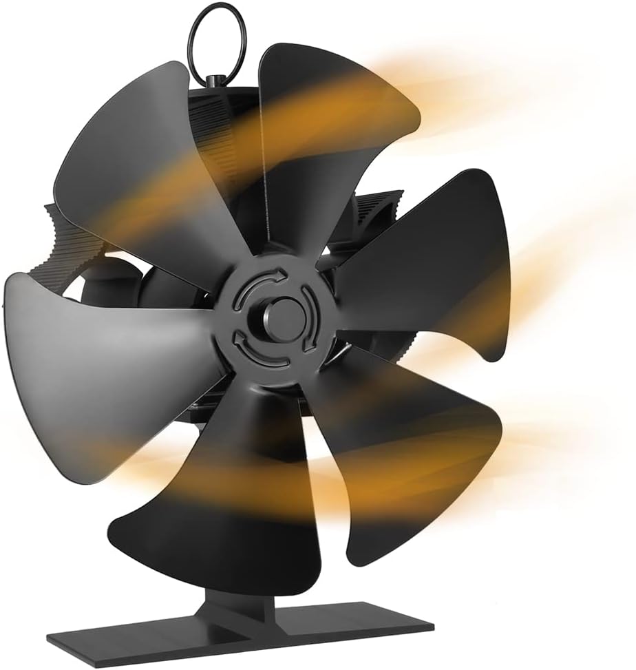 TEENGSE Heat Powered Wood Stove Fan 6 Blades with Thermometer, Silent Fireplace Top fan for Home Wood Burning Heater Burner Silent Eco-Friendly High Efficient Thermal Heat Distribution Accessory-Black Pack of 2