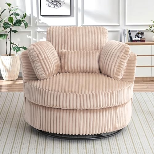 Chair and A Half with Ottoman, 360° Swivel Accent Barrel Chair Modern Comfy Round Reading Sofa Swivel Chairs Circle Lounge Chair for Bedroom Living Room w/4 Pillow Lower Seating Heigh (White, Large)