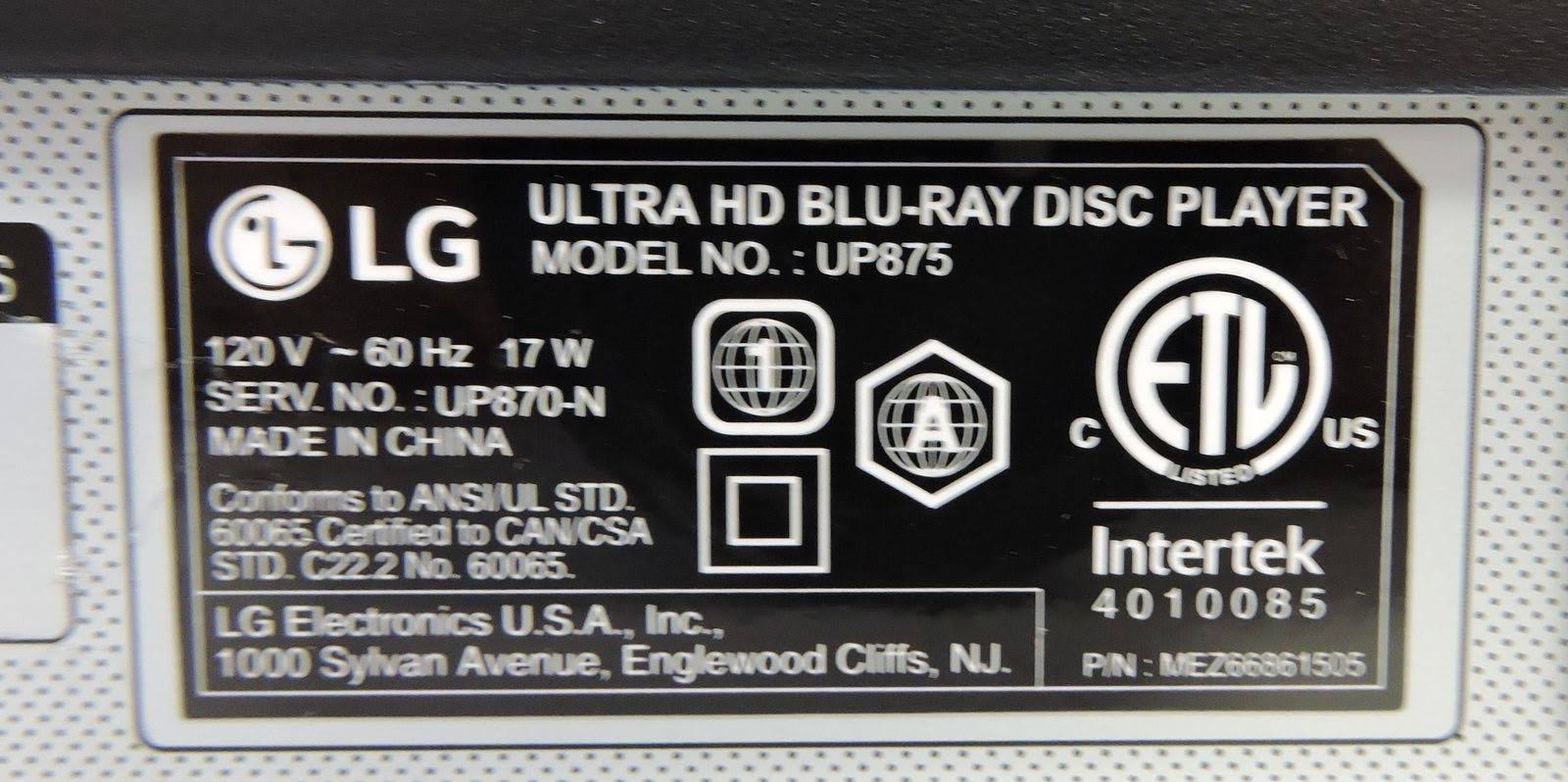 LG UP875 3D Blu-ray Player - Yes (up to 4K) - NTSC/PAL
