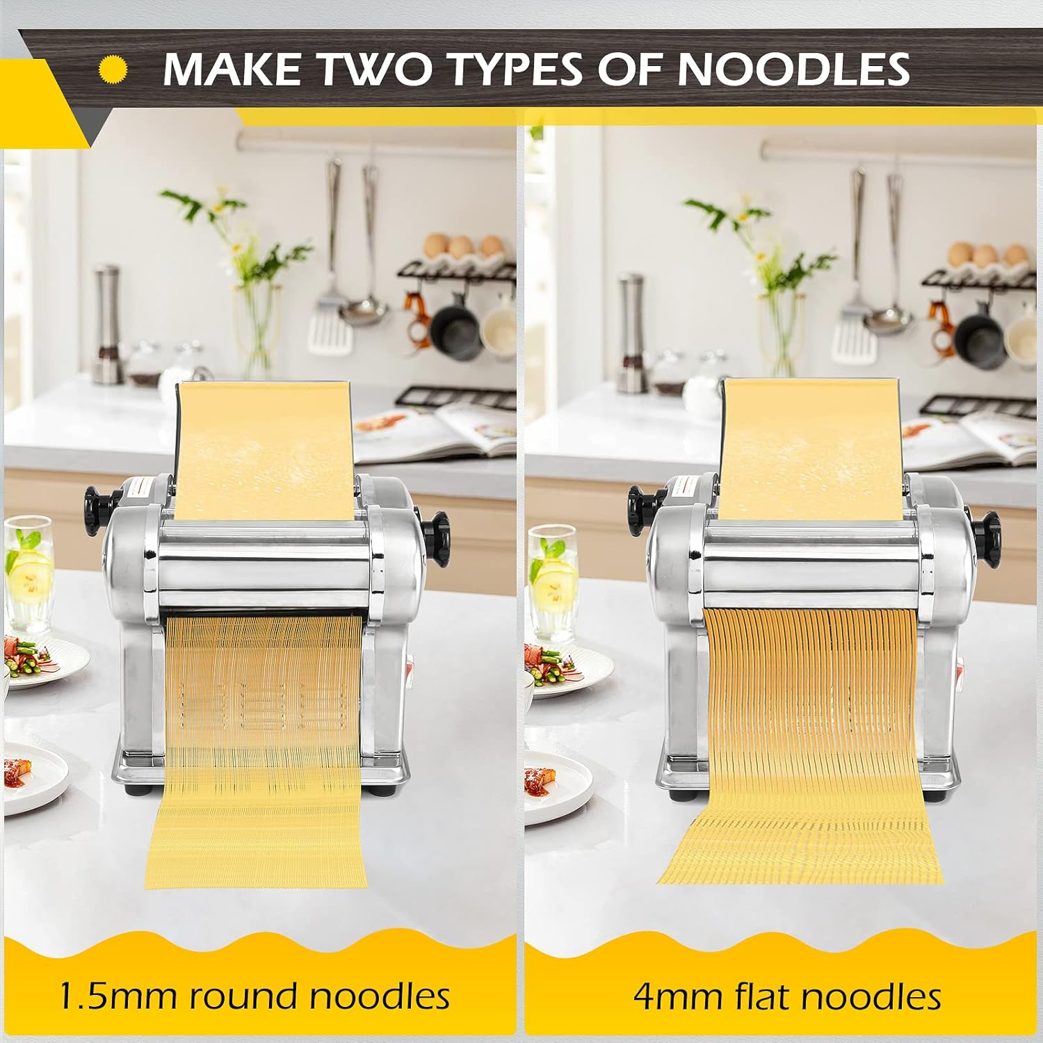 Dyna-Living Electric Pasta Maker Noodle Maker Machine Dough Spaghetti Roller Pressing Machine Thickness Adjustable Stainless Steel 135W for for Home Family Use (1.5mm round noodle+4mm flat noodle)