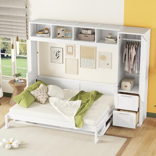 Merax, Gray Size Murphy Bed Wall, Queen+Closet+Drawers