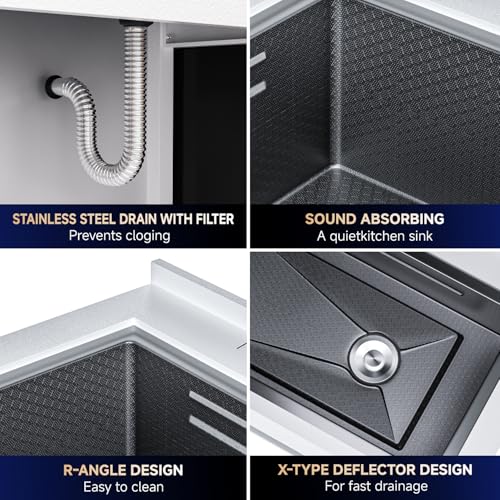 Stainless Steel Utility Sink,24" FreeStanding Laundry&Utility Room Sinks with Cold and Hot Water Faucet,Hoses and Drain Kit Commercial Single Bowl,Laundry Sink for Kitchens, Garage (24x18x36 Black)