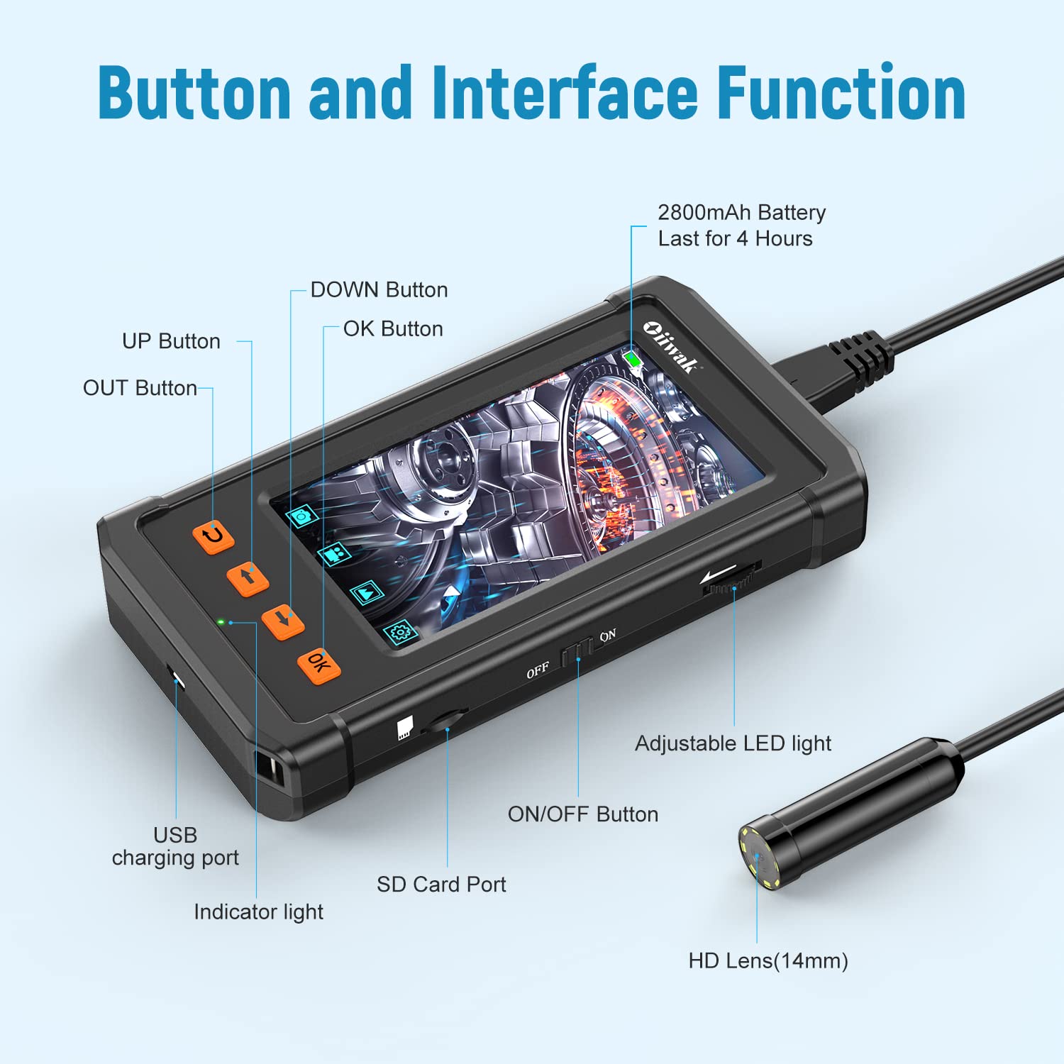 Oiiwak 16.5FT Autofocus Borescope Inspection Camera Upgraded 5MP 1944P HD Industrial Endoscope 4.3'' IPS Screen Pipe Wall Automotive Scope Camera Waterproof Snake Camera with 8 LED Lights,32GB Card