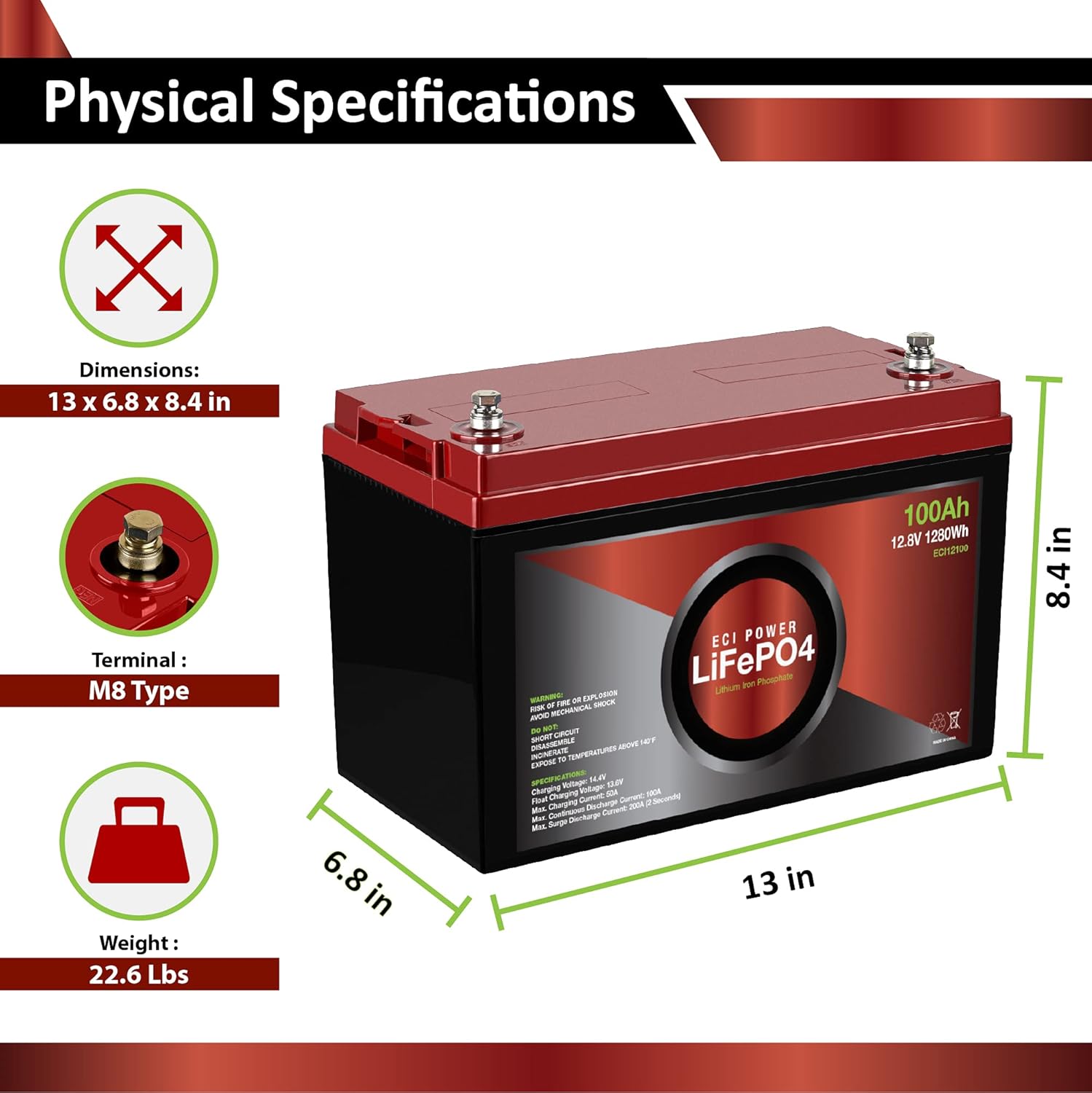 ECI Power 12V 200Ah Lithium LiFePO4 Deep Cycle Rechargeable Battery | 2000-5000 Life Cycles & 10-Year lifetime | Built-in BMS | Perfect for RV, Solar, Marine, Overland, Off-Grid Applications