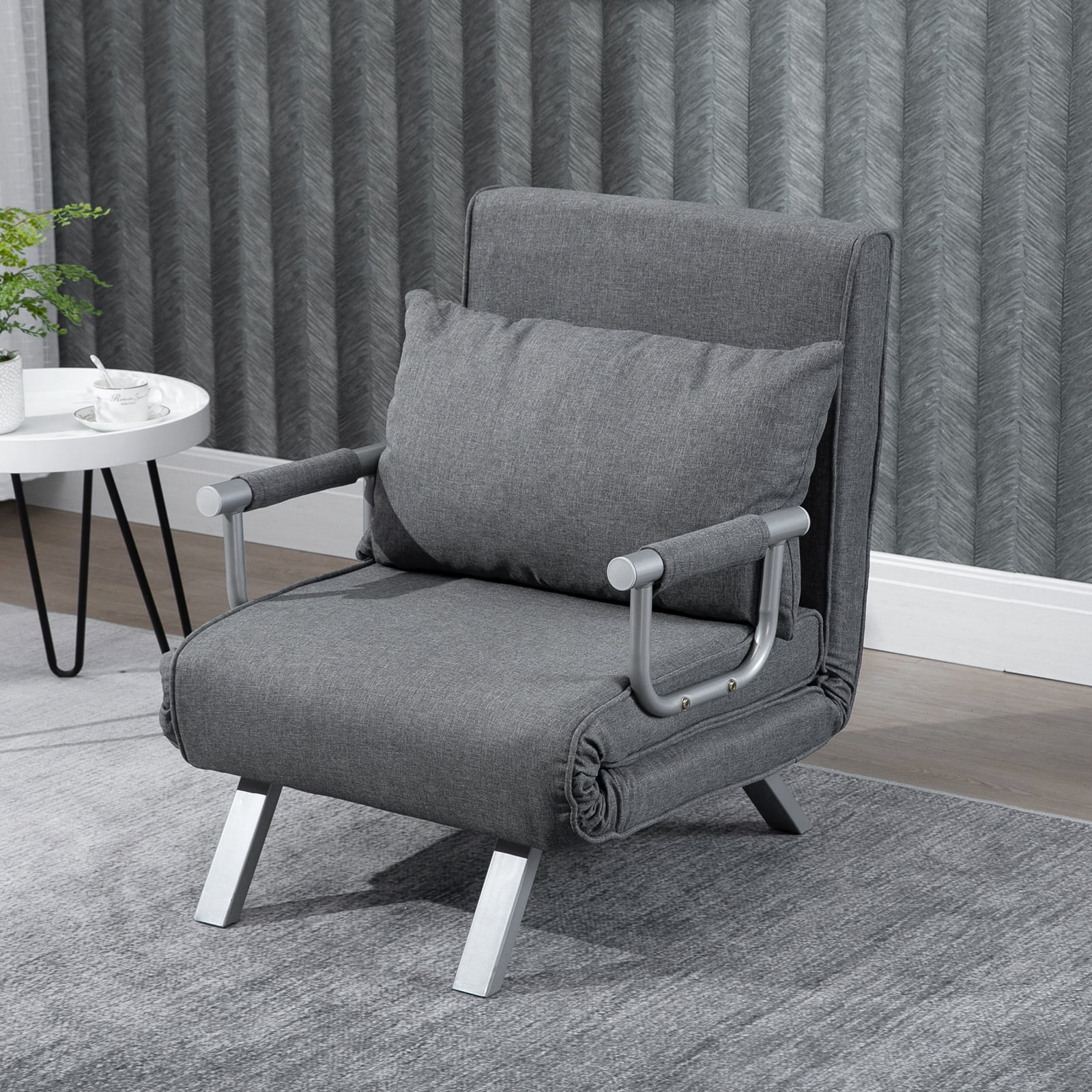 HOMCOM Single Person Folding 5 Position Convertible Sofa Bed Linen Sleeper Chair, Light Grey