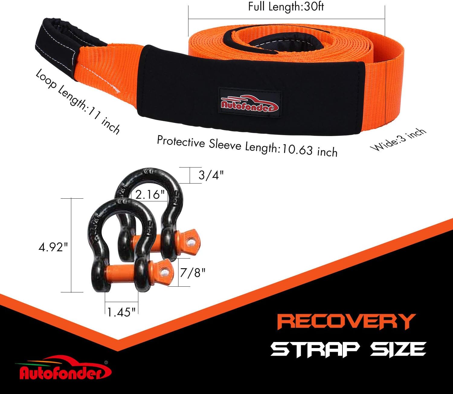 Autofonder Heavy Duty Tow Strap 12T Recovery Kit: 4WD Tow Strap + 3/4 Bow Shackle (2pcs) + Storage Bag (20ft)