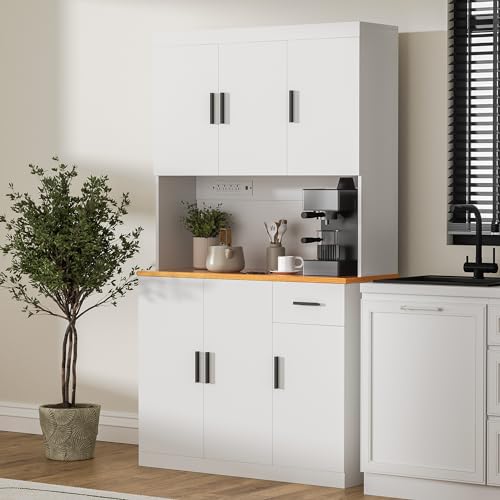 Black Kitchen Pantry Cabinet, 71" Tall Kitchen Storage Cabinet with Power Outlet, Freestanding Kitchen Hutch with countertop