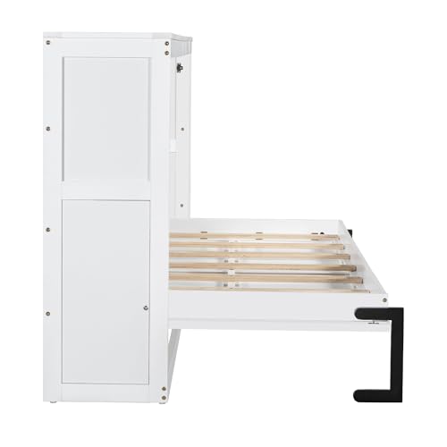 Wooden Murphy Cabinet Bed Frame with Charging Station, Full-Size Foldable Wall Bed with Large Storage Drawer for Home Apartment Limited Living Places, Space-Saving Hidden Bed No Box Spring Needed