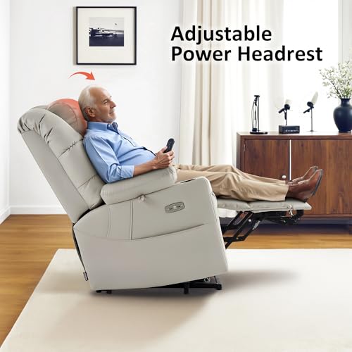 MCombo Large Triple Motor Power Lift Recliner Chair with Massage and Dual Heating, Adjustable Headrest for Tall Elderly People, Faux Leather 7634 (Dark Brown, Large)